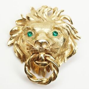 Massive Green Eyed Lion's Head Doorknocker Brooch